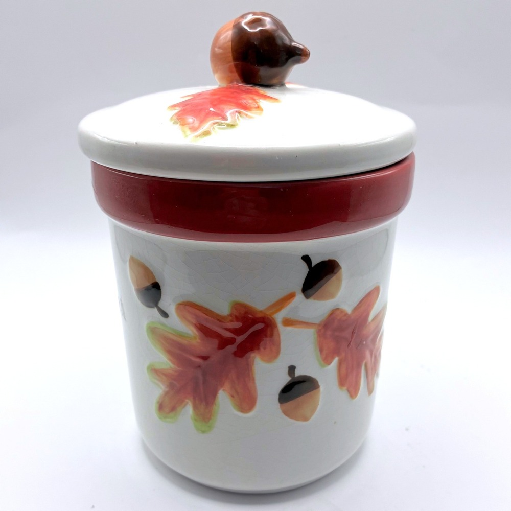 Ceramic Fall Canister 5.5in White Red Autumn Leaves Acorns Finial Lid